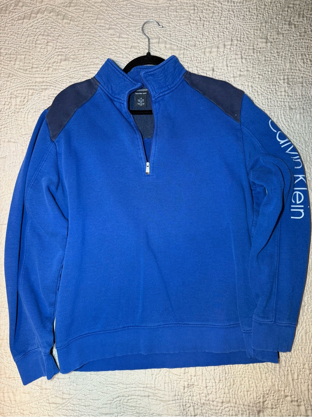 Calvin Klein Jeans Royal Blue Zip-Up Sweater with Navy Shoulder Panels